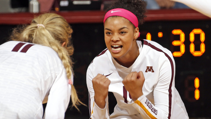 Alexis Lexi Hart celebrating with a University of Minnesota teammate during a match